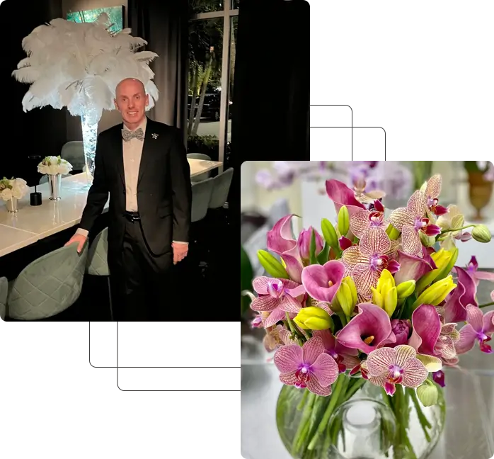 A man in a tuxedo standing next to a vase of flowers.