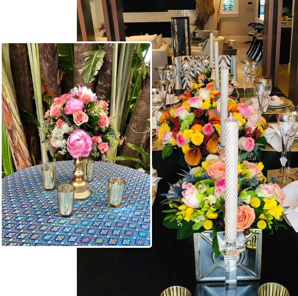 A table with flowers and candles on it