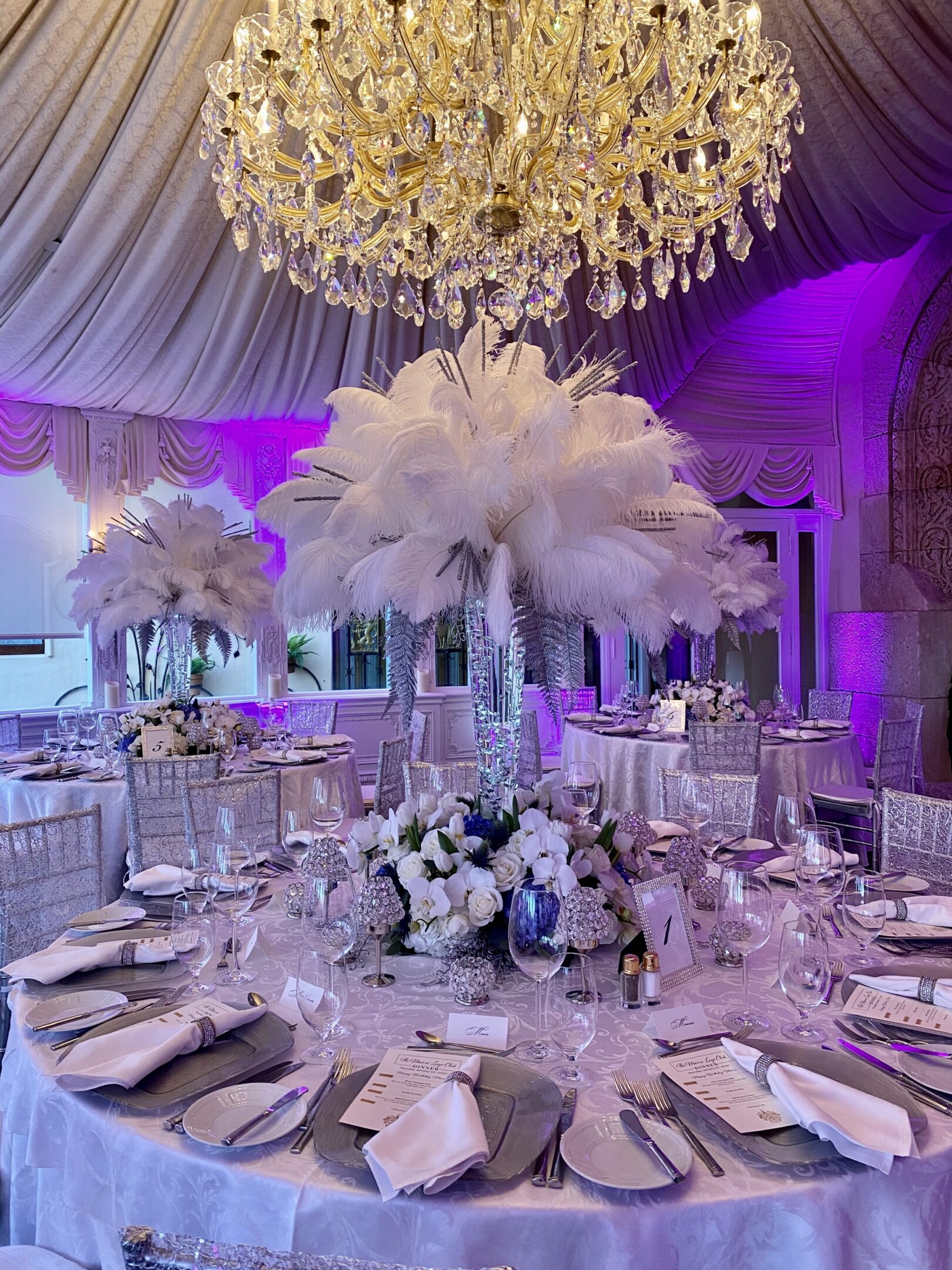 A table set up with flowers and candles.